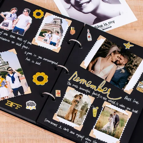 Miniatura 9 de Vienrose Kit de álbum de fotos de bricolaje con bolígrafos, cintas y calcomanías, 60 páginas, tapa dura de 8.5 x 11 pulgadas, 3 anillos, papel negro