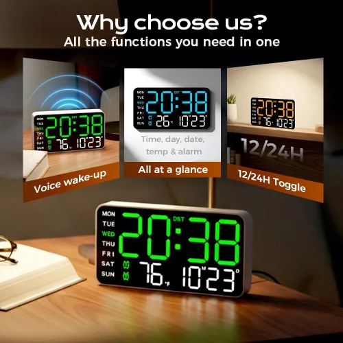 Miniatura 3 de Reloj de pared digital LED decorativo multifuncional, reloj digital grande que muestra la hora, fecha, temperatura, ajuste automático de brillo