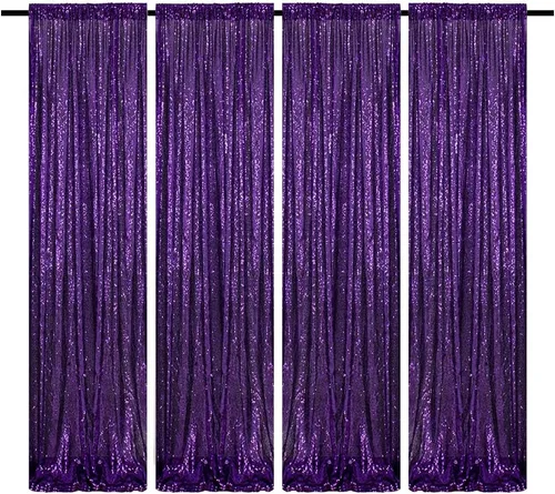 Miniatura 38 de Cortinas de fondo de lentejuelas negras con purpurina de 2 x 8 pies, 4 paneles para decoración de bodas, fiestas de cumpleaños, despedidas de Negro