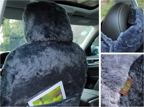 Miniatura 4 de Funda de asiento de piel de oveja auténtica, funda de asiento de piel de cordero para invierno, funda de asiento de automóvil, piel de oveja de Gris