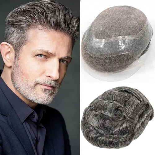 Miniatura 15 de HAPPY&CC Toupee - Piezas de cabello humano con encaje frontal suizo para hombre, parte superior fina mono con poliuretano alrededor de sistema de #1B