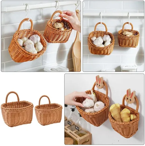 Miniatura 8 de ABOOFAN Cesta colgante de ratán, 2 piezas, tejida en la pared con ganchos, cesta de almacenamiento de frutas y verduras para utensilios de papa