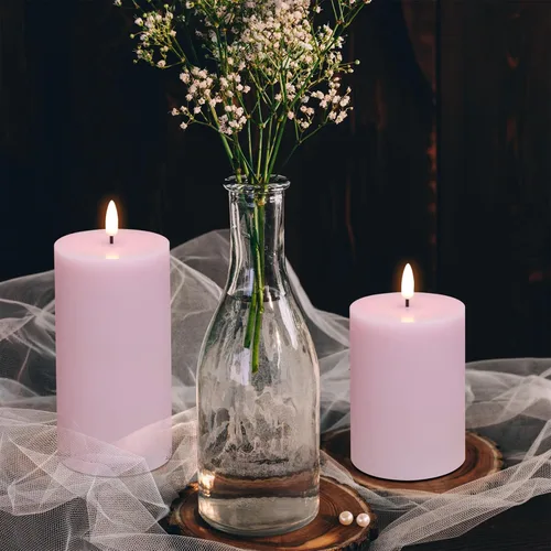 Miniatura 6 de Velas de pilar sin llama rosas con control remoto, velas LED operadas por batería, velas eléctricas falsas de cera real parpadeantes, juego de 3