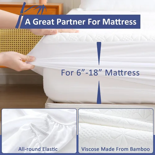 Miniatura 5 de Protector de colchón impermeable de viscosa de bambú tamaño Queen, funda de colchón refrescante para cama tamaño Queen, funda de colchón súper suave