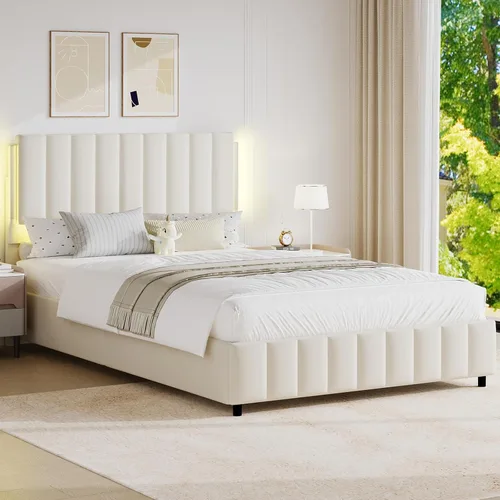 Miniatura 11 de REVOMINCA Base de cama tapizada individual con luces LED, plataforma de piel sintética con cabecera y soporte de listones de madera, no necesita