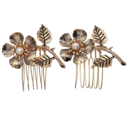 2 peines laterales dorados pequeños para mujer, decoración de boda, pinzas de metal retro con perlas de metal, pinzas de cristal para novia,