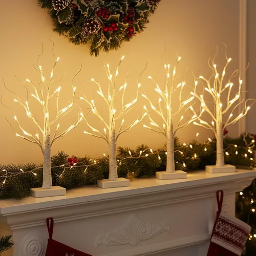 EAMBRITE Árbol de abedul con luces LED para decoración de Navidad en interiores, árbol de mesa iluminado de 22 en 24 LED, ramita blanca, funciona