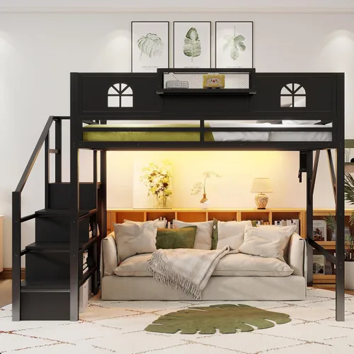 Miniatura 12 de SOFTSEA Cama tipo loft de metal completo con escaleras y armario, cama alta para niños con barandillas en forma de casa y estantes de Negro