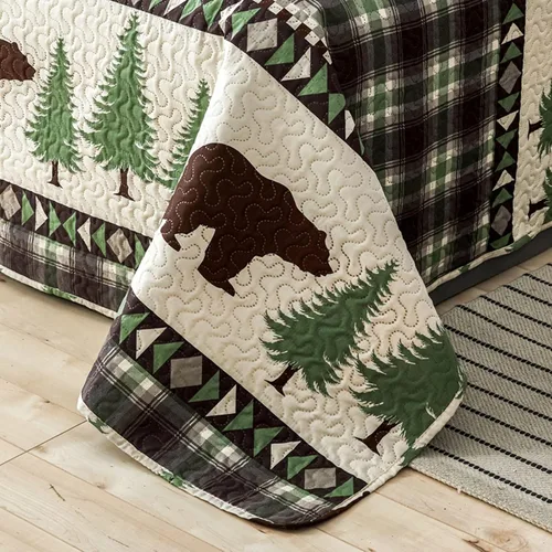 Miniatura 6 de Juego de Edredones Lodge Tamaño King, 3 Piezas Ropa de Cama Rústica de Cabaña con Oso Pardo y Árboles de Pino Verde Colcha Cubrecama Ligero Suave