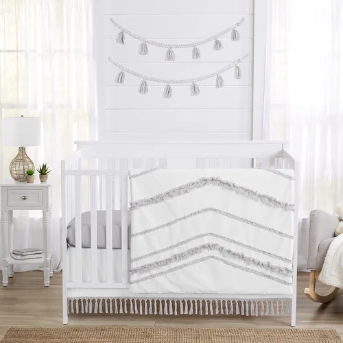 Sweet Jojo Designs Juego de ropa de cama bohemio bohemio para cuna de bebé niño y niña, 4 piezas, color gris y blanco, diseño Shabby Chic de
