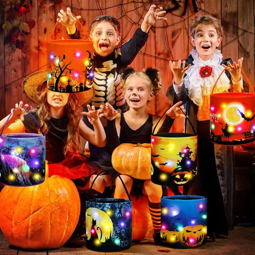 Miniatura 3 de Teling 6 bolsas de dulces de calabaza con luces LED para Halloween con luces LED para Halloween, bolsa de regalo reutilizable para suministros