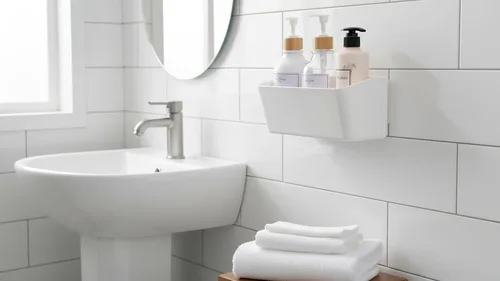 Miniatura 5 de Estante de baño, estante adhesivo para ducha, organizador de baño, sin taladro, cesta de ducha de plástico, estante de almacenamiento blanco