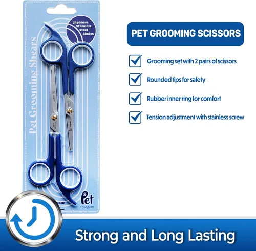 Miniatura 6 de Pet Magasin Tijeras japonesas de acero inoxidable (2) para vello facial y más grandes para recortar el cuerpo con punta redonda (azul)