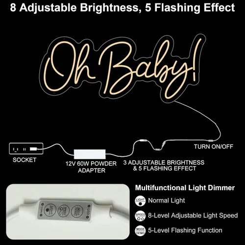 Miniatura 4 de Oh Baby - Letrero de neón para decoración de pared, letrero de luz de neón personalizado para decoración de baby shower, letreros LED de neón