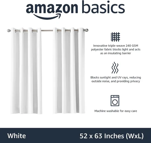 Miniatura 2 de Amazon Basics Cortina de ventana opaca bloqueadora de luz para oscurecer la habitación con 2 paneles con ojales, para sala de estar y dormitorio, 52
