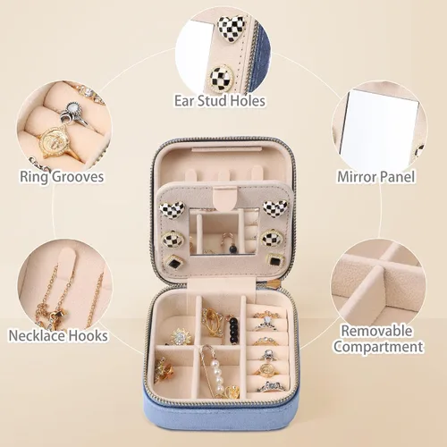 Miniatura 4 de Dajasan Joyero de viaje de terciopelo, mini estuche de joyería de viaje, pequeña caja organizadora de joyas de viaje portátil con espejo