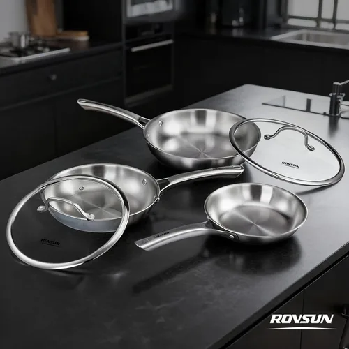 Miniatura 8 de ROVSUN Juego de utensilios de cocina de acero inoxidable de 8-10-12 pulgadas, juego de 3 sartenes de tres capas, sartén de chef de acero inoxidable