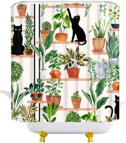 Miniatura 3 de Cortina de ducha con diseño de plantas y gatos, diseño de gatito negro, diseño bohemio, hojas verdes en maceta, tela estética botánica, cortinas