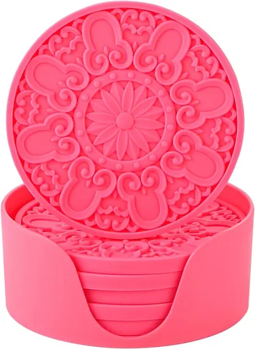 Miniatura 8 de Colinda Juego de 6 posavasos de silicona con soporte, alfombrillas antideslizantes para bebidas frías y calientes, diseños decorativos, embalaje