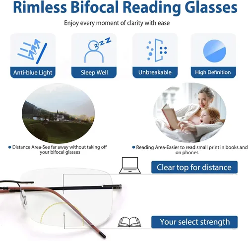 Miniatura 2 de Gafas de lectura fotocrómicas bifocales sin montura para hombres lectores de computadora Gafas de sol de transición de luz anti-azul con lectores