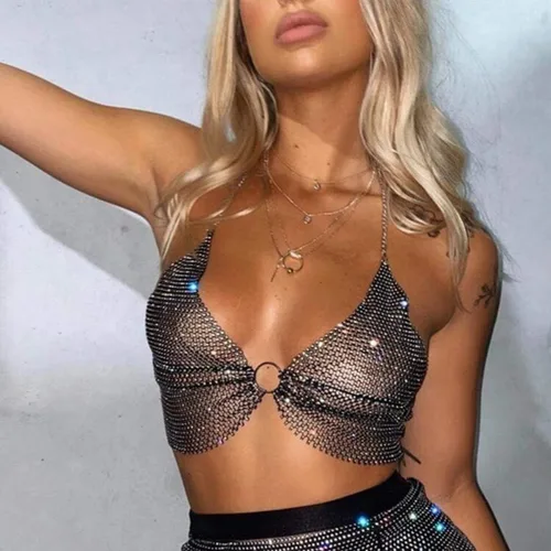 Miniatura 2 de Yokawe Sujetador de cristal sexy, cadena de cuerpo negro brillante con diamantes de imitación para bikini, brasier corto, fiesta, rave, festival