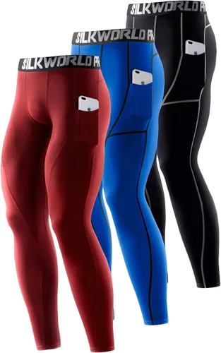 Miniatura 11 de SILKWORLD Paquete de 1 a 3 pantalones de compresión para hombre, con bolsillos, leggings de gimnasio y secado fresco