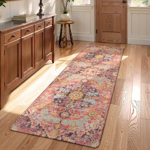 Miniatura 12 de Lahome Alfombra bohemia con medallón floral, 4 x 6 pies, color verde azulado, suave, lavable, antideslizante, apta para mascotas, alfombra