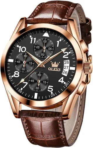 Miniatura 18 de OLEVS - Relojes para hombre, de cuero marrón, caja dorada, analógico, de cuarzo, de moda, para negocios, reloj de vestir, con fecha, luminoso