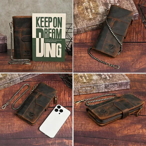 Miniatura 19 de Genuino Caballo Loco Cuero Regalo de Viaje Moneda Bolsillo Tarjetero Organizador Largo Cadena Rfid Cartera Monedero Con Broche Para Hombres Hombres
