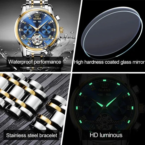 Miniatura 6 de OLEVS Relojes de cuerda automática para hombre vestido mecánico automático Tourbillon de acero inoxidable doble calendario impermeable luminoso