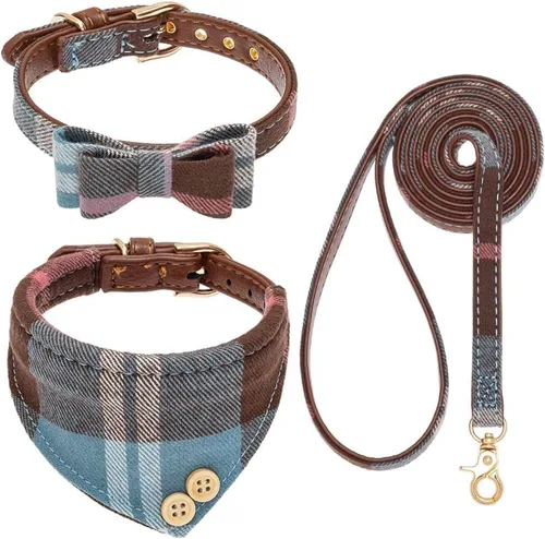 Miniatura 28 de EXPAWLORER Juego de collar y correa para perro - Corbata de moño clásica a cuadros para perro y collar bandana para perro con campana, correa