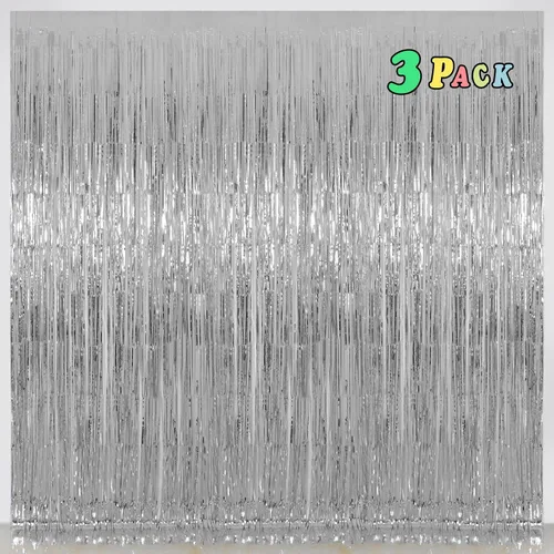 Miniatura 21 de Cortinas de flecos de aluminio para decoraciones navideñas - Melsan, paquete de 3, 3.2 x 8.2 pies, cortinas de oropel verde para fondo de fotos