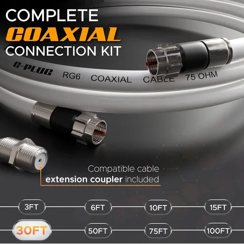 Miniatura 2 de G-PLUG Juego de conectores de cable coaxial RG6 de 30 pies, para antena de internet, banda ancha, TV digital, cable Sky satelital, junta tórica