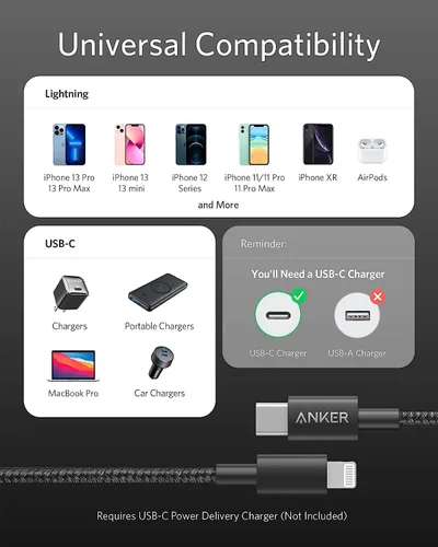 Miniatura 4 de Anker Cable Nuevo de Nylon USB C a Lightning, Certificado Apple MFi para iPhone 14 Series y Más (6 pies, negro)