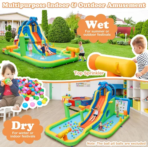 Miniatura 2 de BOUNTECH Tobogán acuático inflable, tobogán de surf de elefante, parque acuático para niños, castillo hinchable con 2 piscinas de chapoteo, cueva