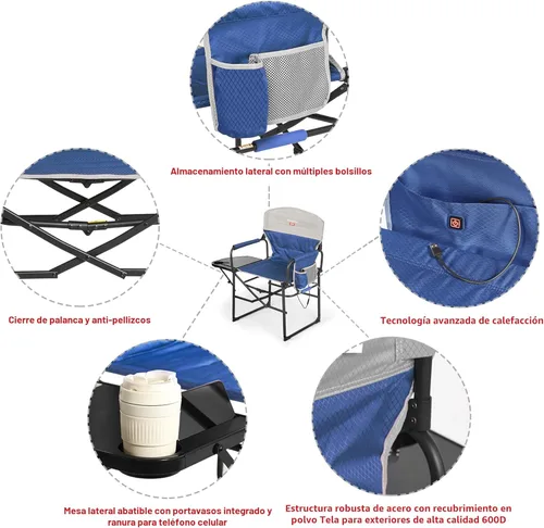 Miniatura 6 de SUNNYFEEL Silla de camping para directores con calefacción, silla plegable de alta resistencia para exteriores, portátil, de gran tamaño, con Azul