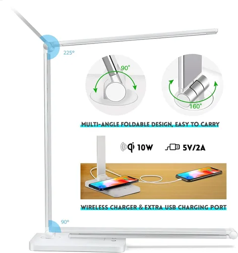 Miniatura 4 de Lámpara de escritorio LED con cargador inalámbrico, puerto de carga USB, 10 niveles de brillo, 5 modos de color, lámparas de escritorio para oficina