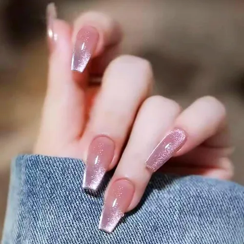 Miniatura 25 de Uñas postizas a presión largas, con brillo azul y diseño, acabado acrílico brillante, de cobertura completa, uñas postizas reutilizables para l002
