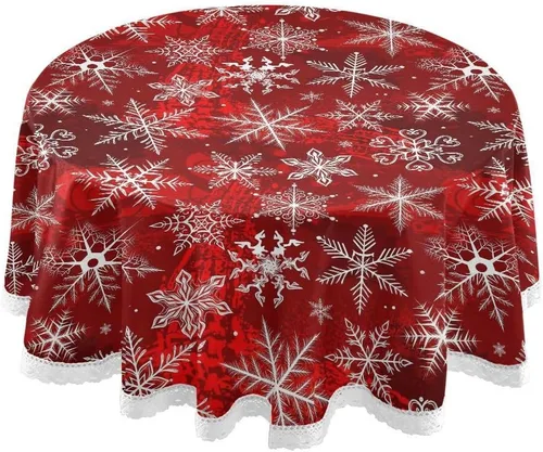 senya Manteles redondos de Navidad, patrón rojo con copos de nieve, flores, mantel decorativo para mesa circular, comedor, decoración para Patrón 4