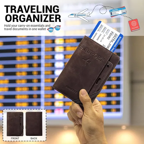 Miniatura 6 de YINHEXI Funda para pasaporte y funda para tarjeta de vacunación, funda para pasaporte con bloqueo RFID de cuero para mujeres y hombres, organizador