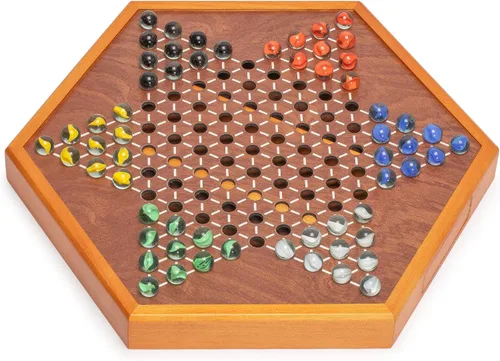 Miniatura 6 de Yellow Mountain Imports Juego de mesa Halma de damas chinas de madera, 15.7 x 13.6 pulgadas, con cajones y canicas de vidrio