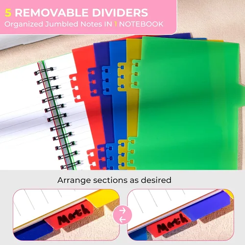 Miniatura 3 de CAGIE- Cuaderno pequeño universitario con tapa en espiral, A5 de 5 x 7 pulgadas, con pestañas separadoras extraíbles para 5 materias, 220 páginas