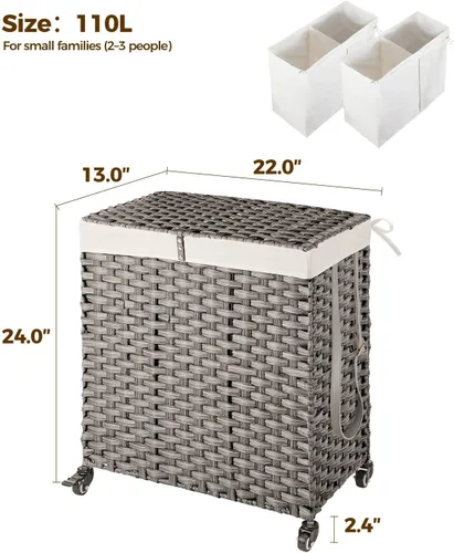 Miniatura 91 de GREENSTELL Cesta para ropa sucia con ruedas y tapa, 130 L, cesta grande de 3 secciones con 2 tipos de bolsas de forro extraíbles, 5 bolsas de malla