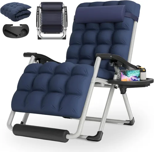 Miniatura 24 de MoNiBloom Silla reforzada de gravedad cero, tumbona plegable para piscina y playa, tumbona de bronceado portátil con cojín, reposacabezas y bandeja