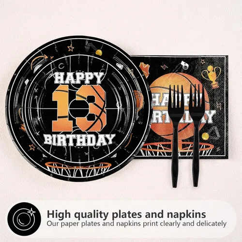 Miniatura 3 de 96 piezas de suministros para fiesta de cumpleaños de 13 años, platos y servilletas desechables de baloncesto y deportes, juego de vajilla