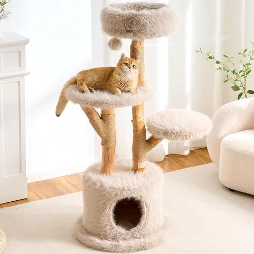 Miniatura 16 de HITTITE Moderna torre de árbol para gatos con poste rascador, torres para gatos de 47 pulgadas de alto con bola rascadora y almohadilla, árbol