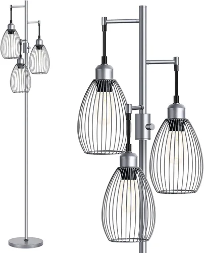 Miniatura 14 de Lámpara de pie regulable, 3 bombillas LED Edison de 800LM incluidas, lámpara de pie industrial de granja lámpara de árbol de pie con elegante jaula