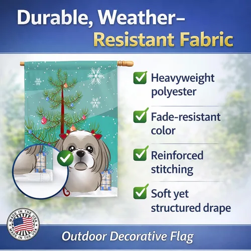 Miniatura 5 de Caroline's Treasures BB1622CHF - Bandera de casa Shih Tzu con árbol de Navidad y gris plateado para porche, grande, para colgar en la pared