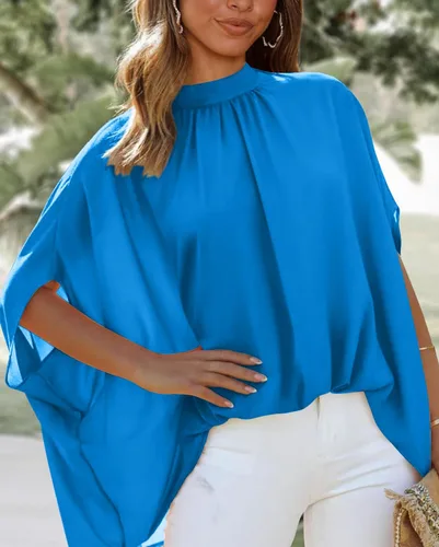Miniatura 79 de BTFBM Blusas de verano para mujer, cuello alto falso, manga murciélago, holgadas, dobladillo alto y bajo, blusas informales de gran