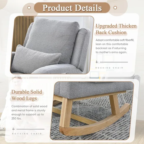 Miniatura 5 de Silla Mecedora Deslizante para Guardería, Silla Mecedora de Acento con Respaldo de Ala Tapizada de Respaldo Alto con Reposabrazos y Bolsillos